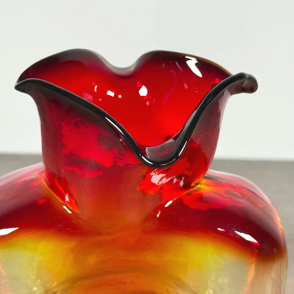 Blenko 2008 Amberina Water Bottle Vase Red Yellow Double Spout 8